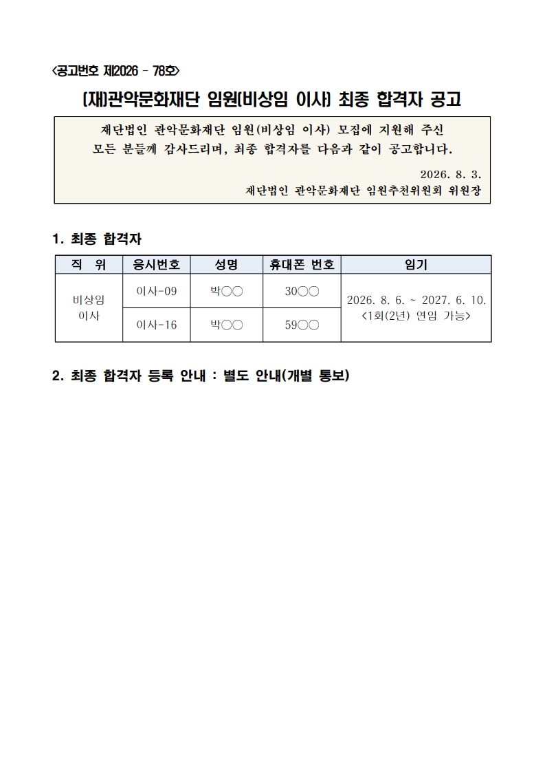 <공고번호 제2026 – 78호> (재)관악문화재단 임원(비상임 이사) 최종 합격자 공고  재단법인 관악문화재단 임원(비상임 이사) 모집에 지원해 주신 모든 분들께 감사드리며, 최종 합격자를 다음과 같이 공고합니다.  2026. 8. 3. 재단법인 관악문화재단 임원추천위원회 위원장   1. 최종 합격자  직  위 응시번호 성명 휴대폰 번호 임기 비상임 이사 이사-09 박○○ 30○○ 2026. 8. 6. ~ 2027. 6. 10. <1회(2년) 연임 가능> 이사-16 박○○ 59○○   2. 최종 합격자 등록 안내 : 별도 안내(개별 통보)