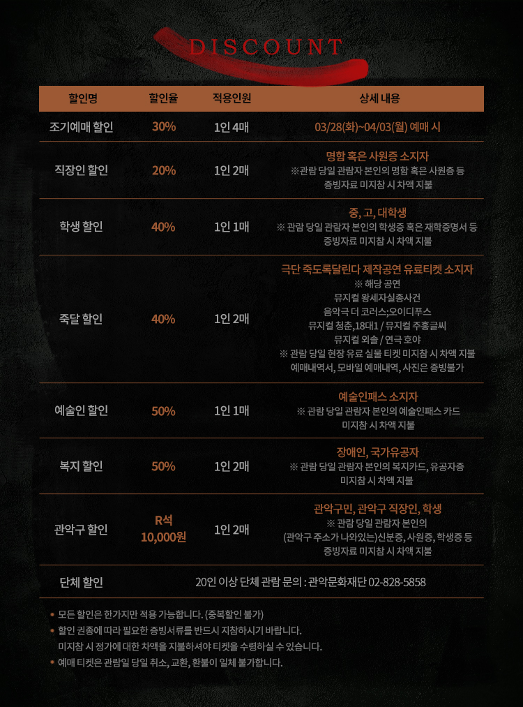 DISCOUNT 조기예매할인 30% 1인4매 3/28화~4/3월 예매 시. 직장인할인 20% 1인2매 명함혹은 사원증소지자 . 학생할인 40% 1인1매 중고대학생 재학증명서 증빙자료. 죽달할인 40% 1인2매 극단죽도록달린다 제작공연 유로티켓 소지자 예술인할인 50% 복지할인 50% 장애인 국가유공자 관람당일 본인의 복지카드 유공자증 미지참시 차액 지불. 관악구 할인 r석 10000원 관악구 주소 나와있는 신분증, 관련 문의 02-828-5858