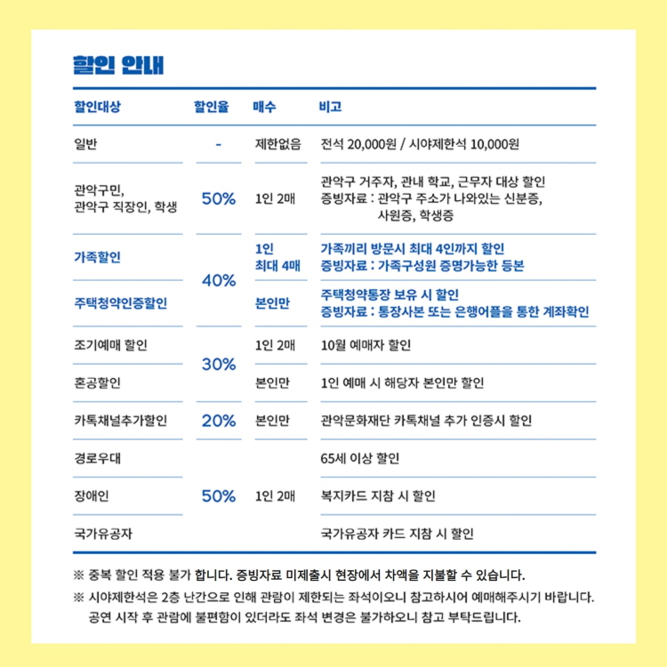 할인안내 일반 - 제한없음 전석 20,000원 / 시야제한석 10,000원 | 관악구민, 관악구 직장인, 학생 50% 1인 2매 관악구 거주자, 관내 학교, 근무자 대상 할인. 증빙자료 : 관악구 주소가 나와있는 신분증, 사원증, 학생증 | 가족할인 40% 1인 최대 4매 가족끼리 방문시 최대 4인까지 할인. 증빙자료 : 가족구성원 증명가능한 등본 | 주택청약인증할인 40% 본인만 주택청약통장 보유 시 할인. 증빙자료 : 통장사본 또는 은행어플을 통한 계좌확인 | 조기예매 할인 30% 1인 2매 10월 예매자 할인 | 혼공할인 30% 본인만 1인 예매 시 해당자 본인만 할인 | 카톡채널추가할인 20% 본인만 관악문화재단 카톡채널 추가 인증시 할인 | 경로우대 50% 1인 2매 65세 이상 할인 | 장애애니 50% 1인 2매 복지카드 지참 시 할인 | 국가유공자 50% 1인 2매 국가유공자 카드 지참 시 할인 | -중복 할인 적용 불가 합니다. 증빙자료 미제출시 현장에서 차액을 지불할 수 있습니다. -시야제한석은 2층 난간으로 인해 관람이 제한되는 좌석이오니 참고하시어 예매해주시기 바랍니다. 공연 시작 후 관람에 불편함이 있더라도 좌석 변경은 불가하오니 참고 부탁드립니다.