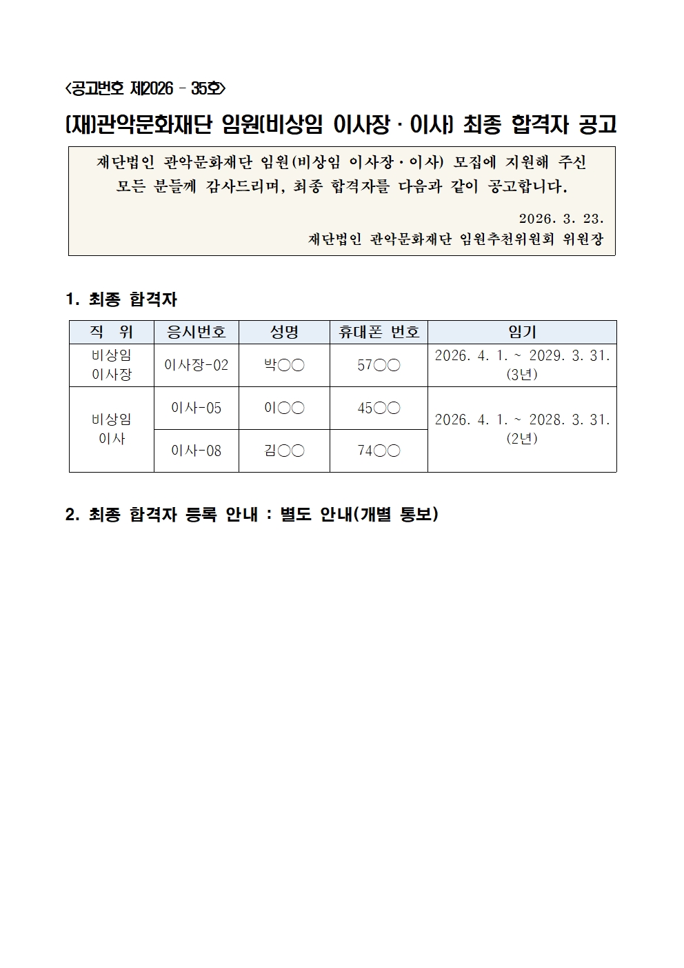 재 관악문화재단 임원 비상임 이사장 이사 최종 합격자 공고