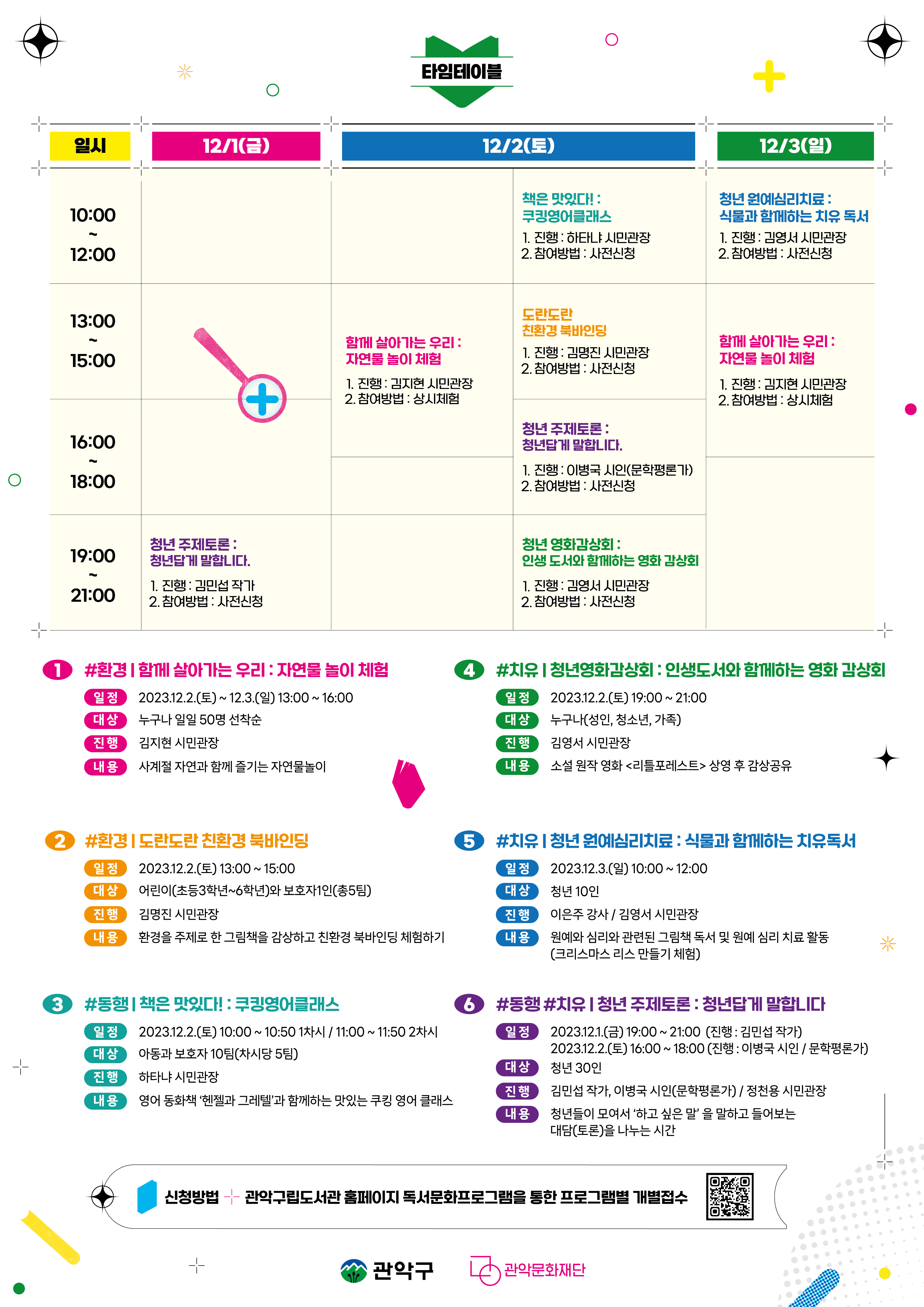 타임테이블            [10:00~12:00] 12/2(토) - 책은 맛있다!:쿠킹영어클래스 1. 진행 : 하타냐 시민관장 2. 참여방법: 사전신청 /            12/3(일) - 청년 원예심리치료: 식물과 함께하는 치유 독서 1. 진행 : 김영서 시민관장 2. 참여방법: 사전신청             [13:00~15:00] 12/2(토) - 도란도란 친환경 북바인딩 1. 진행 : 김명진 시민관장 2. 참여방법 : 사전신청 /             [13:00~17:00] 12/2(토) - 함께 살아가는 우리 : 자연물놀이 체험 1. 진행 : 김지현 시민관장 2. 참여방법: 상시체험 /             12/3(일) - 함께 살아가는 우리 : 자연물놀이 체험 1. 진행 : 김지현 시민관장 2. 참여방법: 상시체험            [16:00~18:00] 12/2(토) - 청년 주제토론: 청년답게 말합니다. 1. 진행: 이병국 시인(문학평론가) 2. 참여방법 : 사전신청             [19:00~21:00] 12/1(금) - 청년 주제토론 : 청년답게 말합니다. 1. 진행 : 김민섭 작가 2. 참여방법 : 사전신청 /             12/2(토) - 청년 영화감상회 : 인생도서와 함께하는 영화 감상회 1. 진행 : 김영서 시민관장 2. 참여방법: 사전신청                        1) #환경 | 함께 살아가는 우리 : 자연물 놀이 체험            일정 : 2023.12.2.(토) ~ 12.3.(일) 13:00 ~ 16:00            대상 : 누구나 일일 50명 선착순            진행 : 김지현 시민관장            내용 : 사계절 자연과 함께 즐기는 자연물놀이                        2) #환경 | 도란도란 친환경북바인딩            일정 : 2023.12.2.(토) 13:00 ~ 15:00            대상 : 어린이(초등3학년~6학년)와 보호자1인(총5팀)            진행 : 김명진 시민광장            내용 : 환경을 주제로 한 그림책을 감상하고 친환경 북바인딩 체험하기                                    3) #동행 | 책은 맛있다! : 쿠킹영어클래스            일정 : 2023.12.2.(토) 10:00 ~ 10:50 1차시 / 11:00 ~ 11:50 2차시             대상 : 아동과 보호자 10팀(차시당 5팀)             진행 : 하타냐 시민관장            내용 : 영어동화책 '헨젤과 그레텔과 함께하는 맛있는 쿠킹 영어 클래스                        4) #치유 | 청년영화감상회 : 인생도서와 함께하는 영화 감상회            일정 : 2023.12.2.(토) 19:00 ~ 21:00            대상 누구나(성인, 청소년, 가족)            진행 : 김영서 시민관장            내용 : 소설 원작 영화 <리틀포레스트> 상영 후 감상공유                        5) #치유 | 청년 원예심리치료 : 식물과 함께하는 치유독서            일정 : 2023.12.3.(일) 10:00 ~ 12:00            대상 : 청년 10인            진행 : 이은주 강사/ 김영서 시민관장            내용 : 원예와 심리와 관련된 그림책 독서 및 원예심리 치료 활동 (크리스마스 리스 만들기 체험)                        6) #동행 #치유 | 청년 주제토론 : 청년답게 말합니다             일정 : 2023.12.1.(금) 19:00~21:00 (진행 : 김민섭 작가) / 2023.12.2.(토) 16:00~18:00 (진행 : 이병국 시인/문학평론가)             대상 : 청년 30인            진헹 : 김민섭 작가, 이병국 시인(문학평론가) / 정천용 시민관장            내용 : 청년들이 모여서 '하고 싶은 말'을 말하고 들어보는 대담(토론)을 나누는 시간                        [신청방법] 관악구립도서관 홈페이지 독서문화프로그램을 통한 프로그램별 개별접수            관악구 관악문화재단