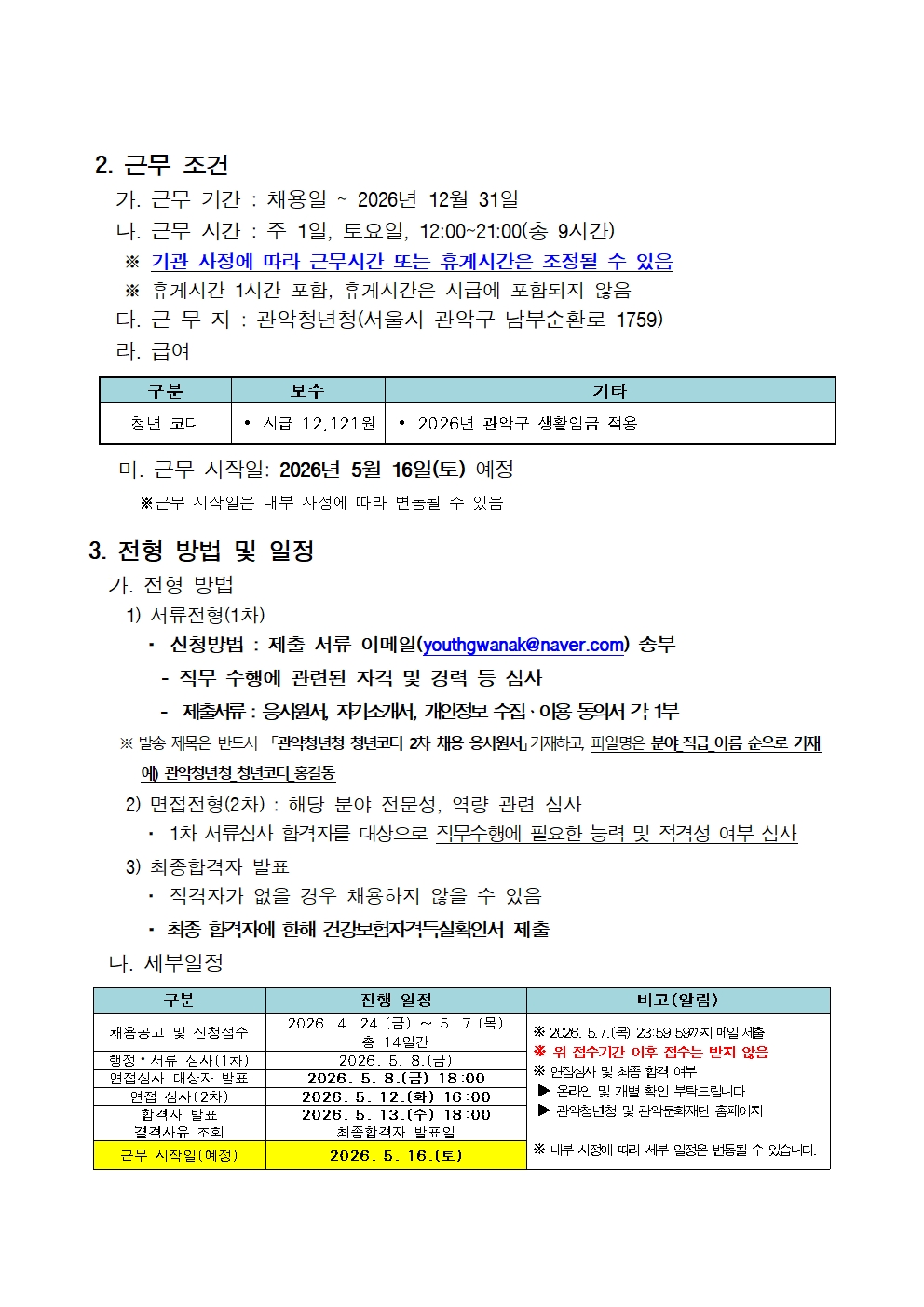 2026 관악청년청 주말 청년코디 2차 채용 공고문/ 접수기간 : 2026. 04.24.(금)~05.07.(목) / 근무조건 : 채용일~2026년 12월 31일 근무시간 : 토요일, 주 1일 12:00~21:00 근무지 : 관악청년청