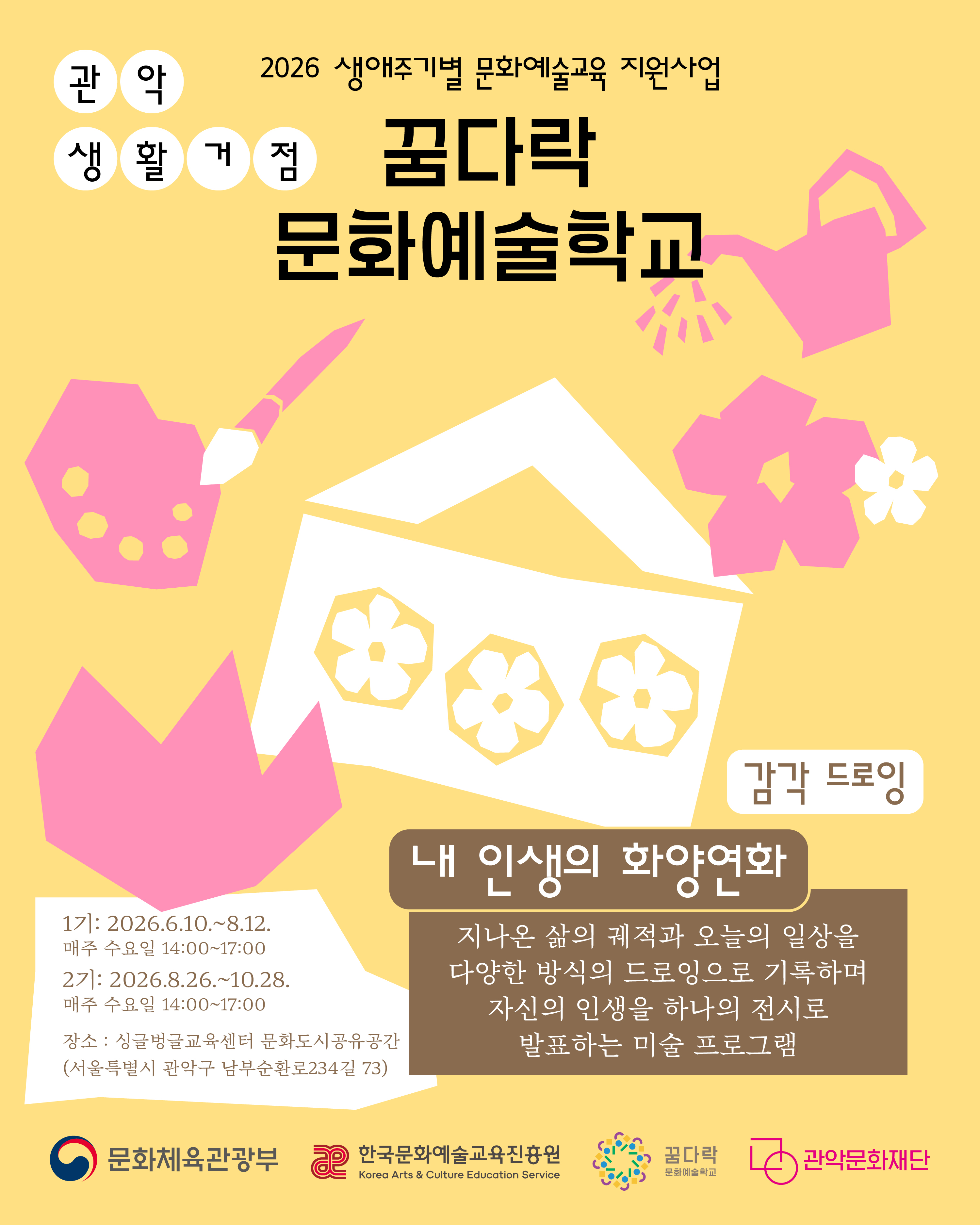 2026 생애주기별 문화예술교육 지원사업 「꿈다락 문화예술학교」 관악 생활거점 감각드로잉-내 인생의 화양연화 지나온 삶의 궤적과 오늘의 일상을 다양한 방식의 드로잉으로 기록하며 자신의 인생을 하나의 전시로 발표하는 미술 프로그램