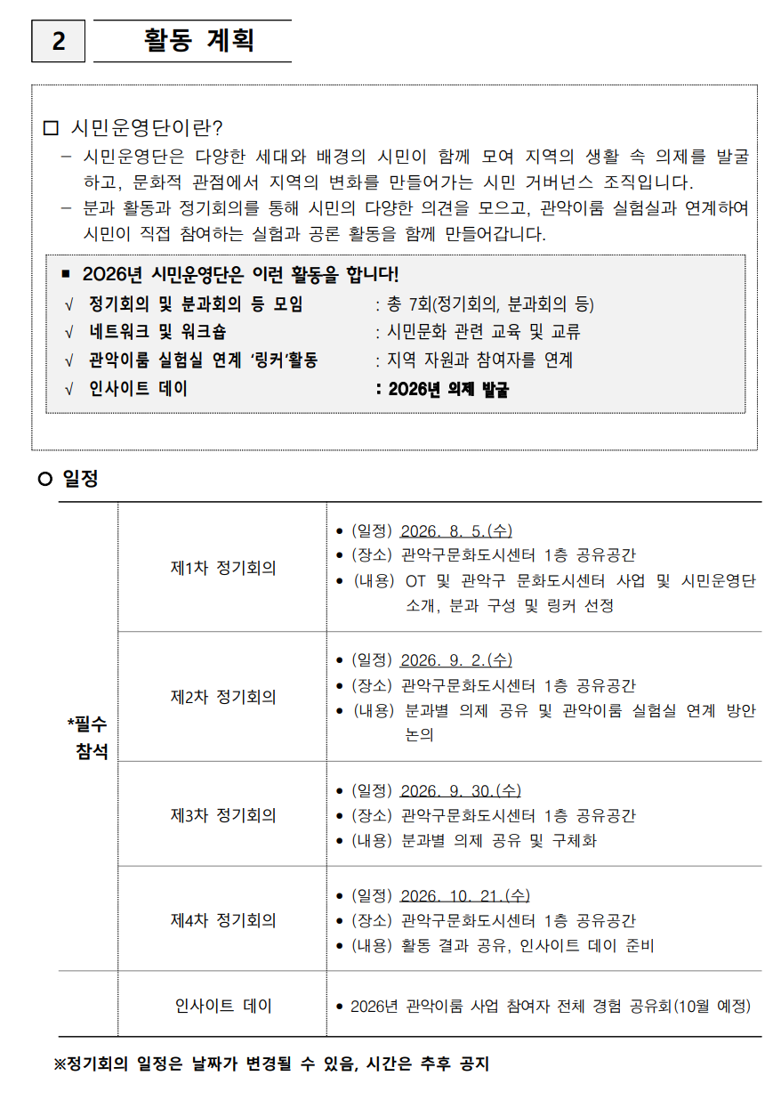  2   활동 계획    시민운영단이란?   - 시민운영단은 다양한 세대와 배경의 시민이 함께 모여 지역의 생활 속 의제를 발굴하고, 문화적 관점에서 지역의 변화를 만들어가는 시민 거버넌스 조직입니다.   - 분과 활동과 정기회의를 통해 시민의 다양한 의견을 모으고, 관악이룸 실험실과 연계하여 시민이 직접 참여하는 실험과 공론 활동을 함께 만들어갑니다.  ▪ 2026년 시민운영단은 이런 활동을 합니다!   √ 정기회의 및 분과회의 등 모임 : 총 7회(정기회의, 분과회의 등) √ 네트워크 및 워크숍 : 시민문화 관련 교육 및 교류 √ 관악이룸 실험실 연계 ‘링커’활동 : 지역 자원과 참여자를 연계 √ 인사이트 데이 : 2026년 의제 발굴      일정  *필수  참석 제1차 정기회의 • (일정) 2026. 8. 5.(수) • (장소) 관악구문화도시센터 1층 공유공간 • (내용) OT 및 관악구 문화도시센터 사업 및 시민운영단 소개, 분과 구성 및 링커 선정 제2차 정기회의 • (일정) 2026. 9. 2.(수) • (장소) 관악구문화도시센터 1층 공유공간 • (내용) 분과별 의제 공유 및 관악이룸 실험실 연계 방안 논의 제3차 정기회의 • (일정) 2026. 9. 30.(수) • (장소) 관악구문화도시센터 1층 공유공간 • (내용) 분과별 의제 공유 및 구체화 제4차 정기회의 • (일정) 2026. 10. 21.(수) • (장소) 관악구문화도시센터 1층 공유공간 • (내용) 활동 결과 공유, 인사이트 데이 준비  인사이트 데이 • 2026년 관악이룸 사업 참여자 전체 경험 공유회(10월 예정)      ※정기회의 일정은 날짜가 변경될 수 있음, 시간은 추후 공지