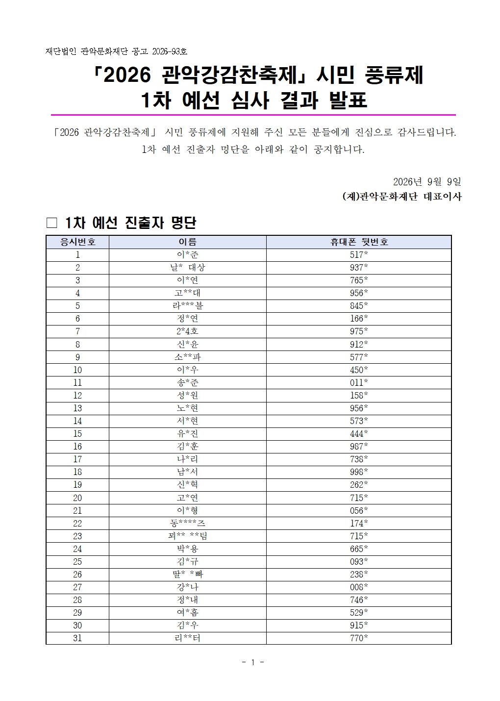 22026 관악강감찬축제시민 풍류제 1차 예선 심사 결과 발표 공고문001