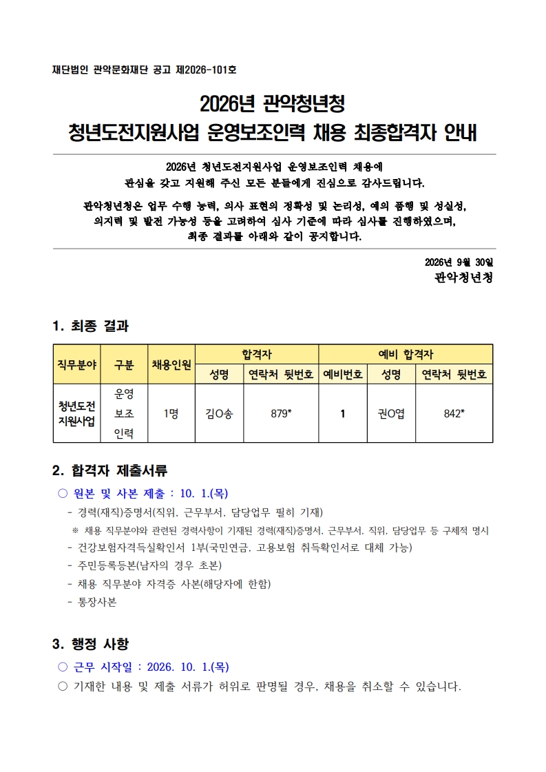 재단법인 관악문화재단 공고 제2026-101호  2026년 관악청년청 청년도전지원사업 운영보조인력 채용 최종합격자 안내  2026년 청년도전지원사업 운영보조인력 채용에 관심을 갖고 지원해 주신 모든 분들에게 진심으로 감사드립니다.  관악청년청은 업무 수행 능력, 의사 표현의 정확성 및 논리성, 예의 품행 및 성실성,  의지력 및 발전 가능성 등을 고려하여 심사 기준에 따라 심사를 진행하였으며,  최종 결과를 아래와 같이 공지합니다.    2026년 9월 30일 관악청년청   1. 최종 결과  직무분야 구분 채용인원 합격자 예비 합격자 성명  연락처 뒷번호 예비번호 성명  연락처 뒷번호 청년도전 지원사업 운영 보조 인력 1명 김O송 879* 1 권O엽 842*    2. 합격자 제출서류  ○ 원본 및 사본 제출 : 10. 1.(목)    - 경력(재직)증명서(직위, 근무부서, 담당업무 필히 기재)     ※ 채용 직무분야와 관련된 경력사항이 기재된 경력(재직)증명서, 근무부서, 직위, 담당업무 등 구체적 명시    - 건강보험자격득실확인서 1부(국민연금, 고용보험 취득확인서로 대체 가능)    - 주민등록등본(남자의 경우 초본)    - 채용 직무분야 자격증 사본(해당자에 한함)    - 통장사본  3. 행정 사항  ○ 근무 시작일 : 2026. 10. 1.(목)  ○ 기재한 내용 및 제출 서류가 허위로 판명될 경우, 채용을 취소할 수 있습니다.