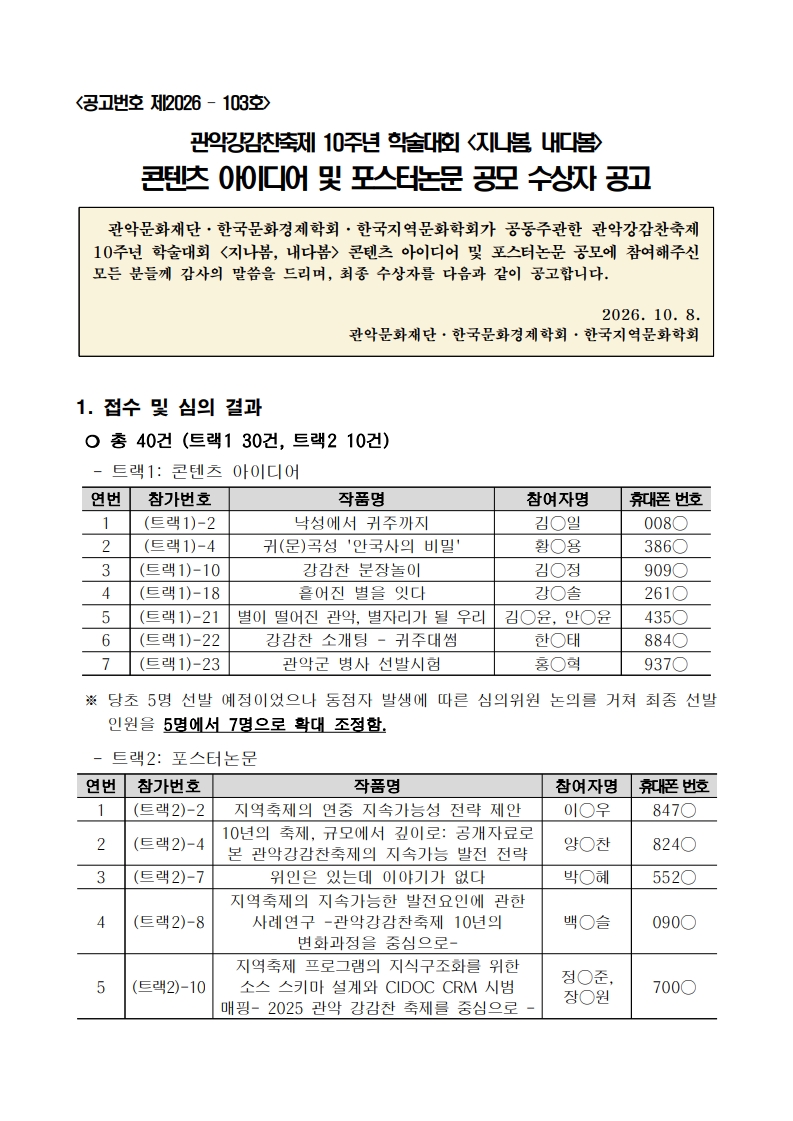 관악강감찬축제 10주년 학술대회 콘텐츠 아이디어 및 포스터논문 수상자 공고 안 1