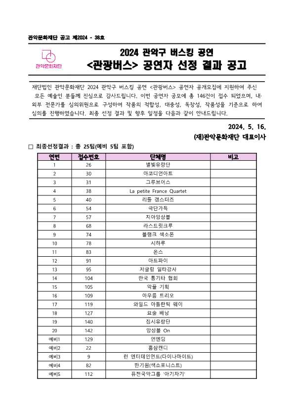 1 2024 관악구 버스킹 공연 관광버스 선정 결과문