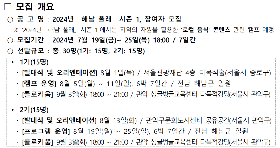 □ 모집 개요 ○ 공 고 명 : 2024년 「해남 올래」 시즌 1, 참여자 모집 ※ ‘2024년 「해남 올래」 시즌 1’에서는 지역의 자원을 활용한 ‘로컬 음식’ 콘텐츠 관련 캠프 예정 ○ 모집기간 : 2024년 7월 19일(금)~ 25일(목) 18:00 / 7일간 ○ 선발규모 : 총 30명(1기: 15명, 2기: 15명) ▸ 1기(15명) ‧ [발대식 및 오리엔테이션] 8월 1일(목) / 서울관광재단 4층 다목적홀(서울시 종로구) ‧ [캠프 운영] 8월 5일(월) ~ 11일(일), 6박 7일간 / 전남 해남군 일원 ‧ [콜로키움] 9월 3일(화) 18:00 ~ 21:00 / 관악 싱글벙글교육센터 다목적강당(서울시 관악구) ▸ 2기(15명) ‧ [발대식 및 오리엔테이션] 8월 13일(화) / 관악구문화도시센터 공유공간(서울시 관악구) ‧ [프로그램 운영] 8월 19일(월) ~ 25일(일), 6박 7일간 / 전남 해남군 일원 ‧ [콜로키움] 9월 3일(화) 18:00 ~ 21:00 / 관악 싱글벙글교육센터 다목적강당(서울시 관악구)
