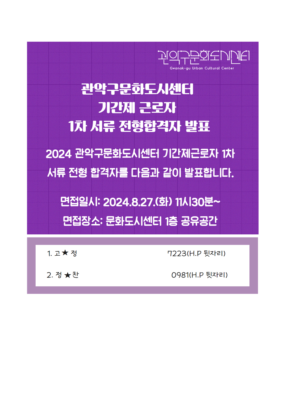 관악구문화도시센터 관악구문화도시센터기간제근로자 1차 서류 전형합격자 발표 2024관악구문화도시센터 기간제근로자 1차 서류전형합격자를 다음과 같이발표합니다. 면접일시:2024.8.27.(화)11시30분 면접장소:문화도시센터 1층공유공간 1.고 .정 7223(H.P 뒷자리) 2.정.찬 0981(H.P뒷자리)