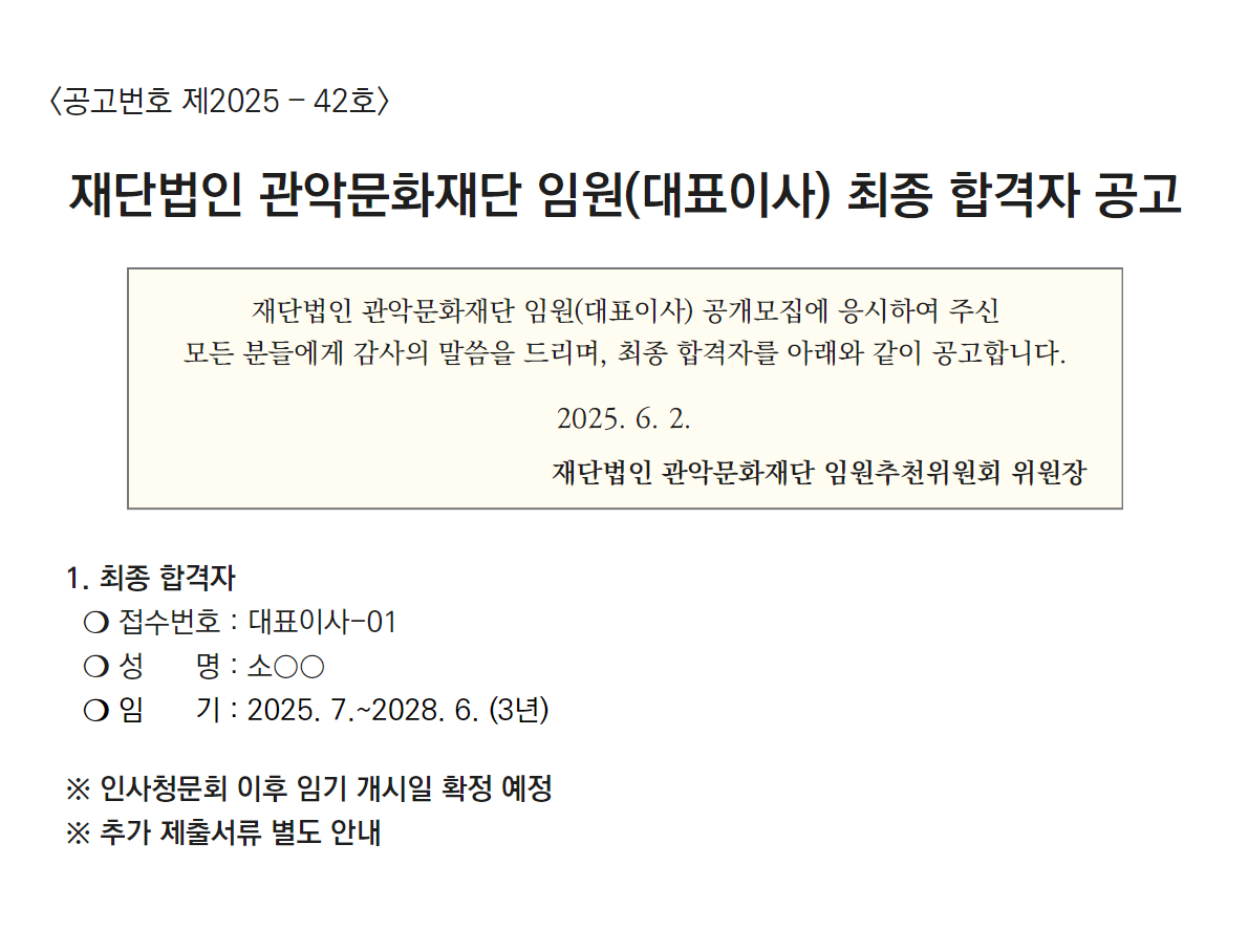 재단법인 관악문화재단 임원(대표이사) 최종 합격자 공고  <공고번호 제2025-42호> 재단법인 관악문화재단 임원(대표이사) 최종 합격자 공고 재단법인 관악문화재단 임원(대표이사) 공개모집에 응시하여 주신 모든 분들에게 감사의 말씀을 드리며, 최종 합격자를 아래와 같이 공고합니다. 2025. 6. 2. 재단법인 관악문화재단 임원추천위원회 위원장  1. 최종 합격자 ❍ 접수번호 : 대표이사-01 ❍ 성      명 : 소○○ ❍ 임      기 : 2025. 7.~2028. 6. (3년) ※ 인사청문회 이후 임기 개시일 확정 예정 ※ 추가 제출서류 별도 안내