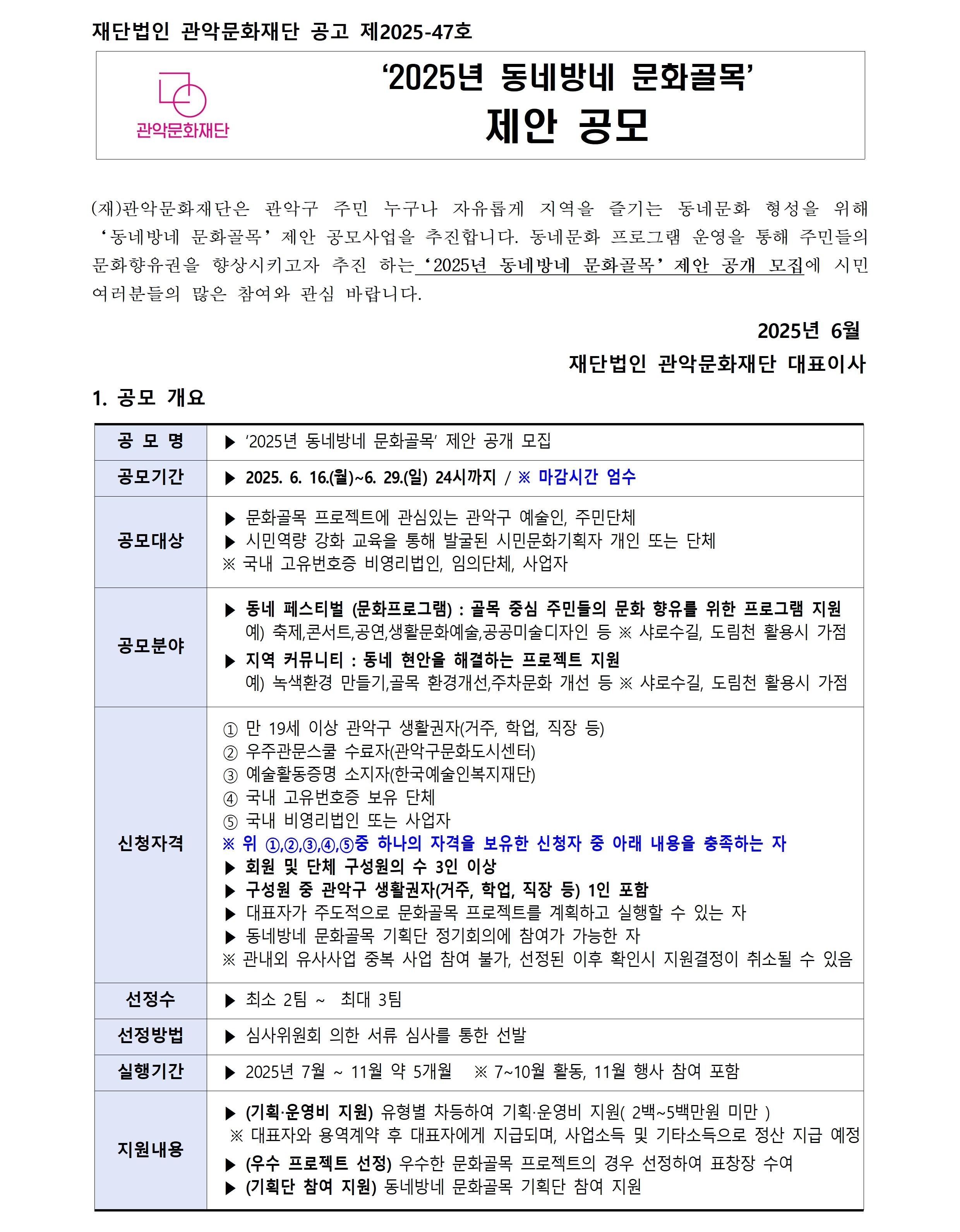 1. 공모 개요 공 모 명 ▶ ‘2025년 동네방네 문화골목’ 제안 공개 모집 공모기간 ▶ 2025. 6. 16.(월)~6. 29.(일) 24시까지 / ※ 마감시간 엄수 공모대상  ▶ 문화골목 프로젝트에 관심있는 관악구 예술인, 주민단체 ▶ 시민역량 강화 교육을 통해 발굴된 시민문화기획자 개인 또는 단체 ※ 국내 고유번호증 비영리법인, 임의단체, 사업자 공모분야  ▶ 동네 페스티벌 (문화프로그램) : 골목 중심 주민들의 문화 향유를 위한 프로그램 지원      예) 축제,콘서트,공연,생활문화예술,공공미술디자인 등 ※ 샤로수길, 도림천 활용시 가점 ▶ 지역 커뮤니티 : 동네 현안을 해결하는 프로젝트 지원      예) 녹색환경 만들기,골목 환경개선,주차문화 개선 등 ※ 샤로수길, 도림천 활용시 가점 신청자격 ① 만 19세 이상 관악구 생활권자(거주, 학업, 직장 등)  ② 우주관문스쿨 수료자(관악구문화도시센터)  ③ 예술활동증명 소지자(한국예술인복지재단)  ④ 국내 고유번호증 보유 단체    ⑤ 국내 비영리법인 또는 사업자 ※ 위 ①,②,③,④,⑤중 하나의 자격을 보유한 신청자 중 아래 내용을 충족하는 자 ▶ 회원 및 단체 구성원의 수 3인 이상 ▶ 구성원 중 관악구 생활권자(거주, 학업, 직장 등) 1인 포함 ▶ 대표자가 주도적으로 문화골목 프로젝트를 계획하고 실행할 수 있는 자 ▶ 동네방네 문화골목 기획단 정기회의에 참여가 가능한 자 ※ 관내외 유사사업 중복 사업 참여 불가, 선정된 이후 확인시 지원결정이 취소될 수 있음 선정수 ▶ 최소 2팀 ~  최대 3팀 선정방법 ▶ 심사위원회 의한 서류 심사를 통한 선발 실행기간 ▶ 2025년 7월 ~ 11월 약 5개월   ※ 7~10월 활동, 11월 행사 참여 포함 지원내용 ▶ (기획‧운영비 지원) 유형별 차등하여 기획‧운영비 지원( 2백~5백만원 미만 )   ※ 대표자와 용역계약 후 대표자에게 지급되며, 사업소득 및 기타소득으로 정산 지급 예정 ▶ (우수 프로젝트 선정) 우수한 문화골목 프로젝트의 경우 선정하여 표창장 수여 ▶ (기획단 참여 지원) 동네방네 문화골목 기획단 참여 지원