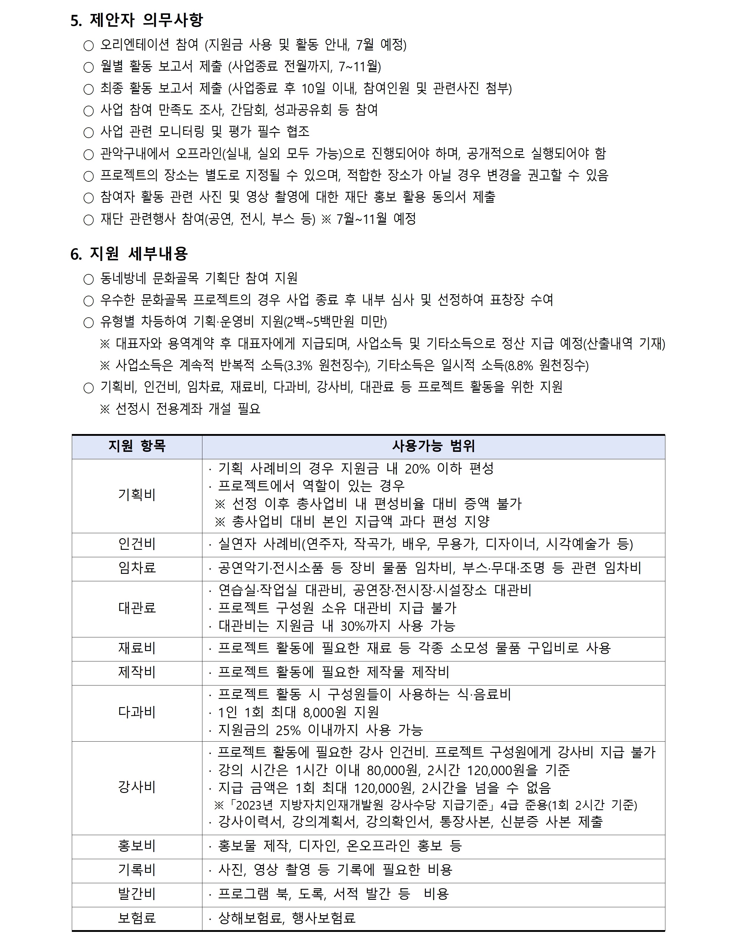 5. 제안자 의무사항 ○ 오리엔테이션 참여 (지원금 사용 및 활동 안내, 7월 예정)  ○ 월별 활동 보고서 제출 (사업종료 전월까지, 7~11월)  ○ 최종 활동 보고서 제출 (사업종료 후 10일 이내, 참여인원 및 관련사진 첨부)  ○ 사업 참여 만족도 조사, 간담회, 성과공유회 등 참여 ○ 사업 관련 모니터링 및 평가 필수 협조 ○ 관악구내에서 오프라인(실내, 실외 모두 가능)으로 진행되어야 하며, 공개적으로 실행되어야 함 ○ 프로젝트의 장소는 별도로 지정될 수 있으며, 적합한 장소가 아닐 경우 변경을 권고할 수 있음 ○ 참여자 활동 관련 사진 및 영상 촬영에 대한 재단 홍보 활용 동의서 제출 ○ 재단 관련행사 참여(공연, 전시, 부스 등) ※ 7월~11월 예정 6. 지원 세부내용 ○ 동네방네 문화골목 기획단 참여 지원 ○ 우수한 문화골목 프로젝트의 경우 사업 종료 후 내부 심사 및 선정하여 표창장 수여 ○ 유형별 차등하여 기획‧운영비 지원(2백~5백만원 미만)     ※ 대표자와 용역계약 후 대표자에게 지급되며, 사업소득 및 기타소득으로 정산 지급 예정(산출내역 기재)    ※ 사업소득은 계속적 반복적 소득(3.3% 원천징수), 기타소득은 일시적 소득(8.8% 원천징수)  ○ 기획비, 인건비, 임차료, 재료비, 다과비, 강사비, 대관료 등 프로젝트 활동을 위한 지원    ※ 선정시 전용계좌 개설 필요 지원 항목사용가능 범위 기획비 · 기획 사례비의 경우 지원금 내 20% 이하 편성  · 프로젝트에서 역할이 있는 경우  ※ 선정 이후 총사업비 내 편성비율 대비 증액 불가  ※ 총사업비 대비 본인 지급액 과다 편성 지양 인건비· 실연자 사례비(연주자, 작곡가, 배우, 무용가, 디자이너, 시각예술가 등) 임차료· 공연악기·전시소품 등 장비 물품 임차비, 부스·무대·조명 등 관련 임차비  대관료 · 연습실·작업실 대관비, 공연장·전시장·시설장소 대관비 · 프로젝트 구성원 소유 대관비 지급 불가 · 대관비는 지원금 내 30%까지 사용 가능 재료비· 프로젝트 활동에 필요한 재료 등 각종 소모성 물품 구입비로 사용 제작비· 프로젝트 활동에 필요한 제작물 제작비 다과비 · 프로젝트 활동 시 구성원들이 사용하는 식‧음료비 · 1인 1회 최대 8,000원 지원 · 지원금의 25% 이내까지 사용 가능 강사비 · 프로젝트 활동에 필요한 강사 인건비. 프로젝트 구성원에게 강사비 지급 불가 · 강의 시간은 1시간 이내 80,000원, 2시간 120,000원을 기준 · 지급 금액은 1회 최대 120,000원, 2시간을 넘을 수 없음  ※ 「2023년 지방자치인재개발원 강사수당 지급기준」 4급 준용(1회 2시간 기준)  · 강사이력서, 강의계획서, 강의확인서, 통장사본, 신분증 사본 제출 홍보비· 홍보물 제작, 디자인, 온오프라인 홍보 등 기록비· 사진, 영상 촬영 등 기록에 필요한 비용 발간비· 프로그램 북, 도록, 서적 발간 등  비용 보험료· 상해보험료, 행사보험료
