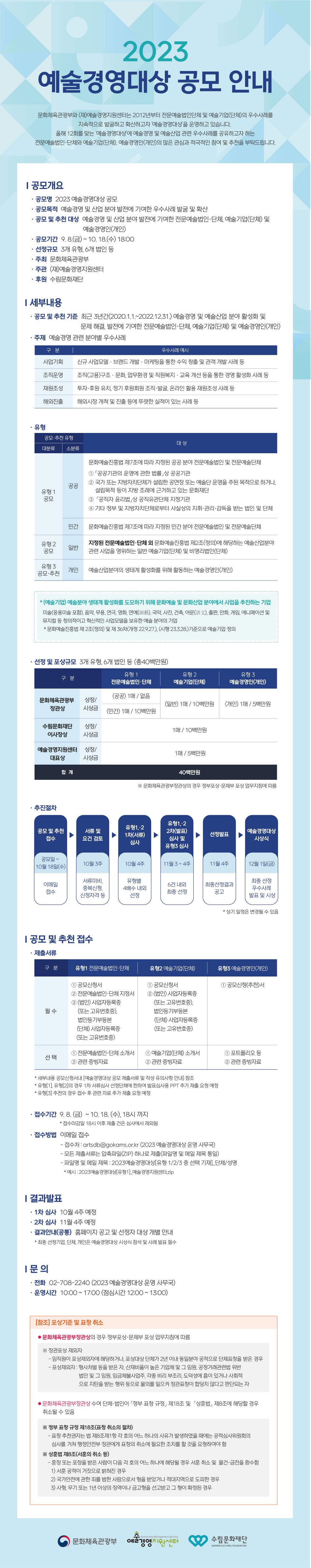 2023 예술경영대상 공모 안내문화체육관광부와 (재)예술경영지원센터는 2012년부터 전문예술법인단체 및 예술기업(단체)의 우수사례를 지속적으로 발굴하고 확산하고자 '예술경영대상'을 운영하고 있습니다.올해 12회를 맞는 '예술경영대상'에 예술경영 및 예술산업 관련 우수사례를 공유하고자 하는 전문예술법인·단체와 예술기업(단체), 예술경영인(개인)의 많은 관심과 적극적인 참여 및 추천을 부탁드립니다.[공모개요]• 공모명 : 2023 예술경영대상 공모• 공모목적 :  예술경영 및 산업 분야 발전에 기여한 우수사례 발굴 및 확산• 공모 및 추천 대상 : 예술경영 및 산업 분야 발전에 기여한 전문예술법인·단체, 예술기업(단체) 및 예술경영인(개인)• 공모기간 : 9. 8.(금) ~ 10. 18.(수) 18:00• 선정규모 : 3개 유형, 6개 법인 등• 주최 문화체육관광부• 주관 : (재)예술경영지원센터• 후원 : 수림문화재단[세부내용]• 공모 및 추천 기준 : 최근 3년간(2020.1.1.~2022.12.31.) 예술경영 및 예술산업 분야 활성화 및 문제 해결, 발전에 기여한 전문예술법인·단체, 예술기업(단체) 및 예술경영인(개인)• 주제 : 예술경영 관련 분야별 우수사례- 사업기획 : (우수사례 예시) 신규 사업모델·브랜드 개발·마케팅을 통한 수익 창출 및 관객 개발사례 등- 조직운영 : (우수사례 예시) 조직(고용)구조 · 문화, 업무환경 및 직원복지·교육 개선 등을 통한 경영 활성화 사례 등- 재원조성 : (우수사례 예시) 투자·후원 유치, 정기 후원회원 조직·발굴, 온라인 활용 재원조성 사례 등- 해외진출 : (우수사례 예시) 해외시장 개척 및 진출 등에 뚜렷한 실적이 있는 사례 등• 유형- 유형1 공모  * 공공 : (대상) 문화예술진흥법 제7조에 따라 지정된 공공 분야 전문예술법인 및 전문예술단체    1) 「공공기관의 운영에 관한 법률」상 공공기관    2) 국가 또는 지방자치단체가 설립한 공연장 또는 예술단 운영을 주된 목적으로 하거나, 설립목적 등이 지방 조례에 근거하고 있는 문화재단    3) 「공직자윤리법」상 공직유관단체 지정기관    4) 기타 정부 및 지방자치단체로부터 사실상의 지휘·관리·감독을 받는 법인 및 단체    * 민간 : (대상)문화예술진흥법 제7조에 따라 지정된 민간 분야 전문예술법인 및 전문예술단체- 유형2 공모   * 일반 : 지정된 전문예술법인·단체 외 문화예술진흥법 제2조(정의)에 해당하는 예술산업분야 관련 사업을 영위하는 일반 예술기업(단체) 및 비영리법(단체)- 유형3 공모·추천   * 개인 : 예술산업분야의 생태계 활성화를 위해 활동하는 예술경영인(개인)* (예술기업) 예술분야 생태계 활성화를 도모하기 위해 문화예술 및 문화산업 분야에서 사업을 추진하는 기업 미술응용미술 포함), 음악, 무용, 연극, 영화, 연예(演藝), 국악, 사진, 건축, 어문(文), 출판, 만화, 게임, 애니메이션 및 뮤지컬 등 창의적이고 혁신적인 사업모델을 보유한 예술 분야의 기업* 문화예술진흥법 제2조(정의) 및 제36차(개정 22.9.27), (시행 23.3.28.)기준으로 예술기업 정의• 선정 및 포상규모 : 3개 유형, 6개 법인 등 (총40백만원)- 문화체육관광부장관상  * 유형 1 전문예술법인·단체 : (공공) 1매/없음, (민간) 1매/10백만원  * 유형 2 예술기업(단체) : (일반) 1매/10백만원  * 유형 3 예술경영인(개인) : (개인) 1매/ 5백만원- 수림문화재단 이사장상  * 유형 1 전문예술법인·단체, 유형 2 예술기업(단체), 유형 3 예술경영인(개인) : 1매/10백만원- 예술경영지원센터 대표상* 유형 1 전문예술법인·단체, 유형 2 예술기업(단체), 유형 3 예술경영인(개인) : 1매/5백만원합계 : 40백만원 (※ 문화체육관광부장관상의 경우 정부포상·문체부 포상 업무지침에 따름)• 추진절차공모 및 추천 접수 (공모일 ~ 10월 18일(수) / 이메일 접수) → 서류 및 요건 검토 (10월 3주 / 서류미비, 중복신청, 신청자격 등) → 유형1,2 1차(서류) 심사 (10월 4주 / 유형별 4배수 내외 선정) → 유형1,2 2차(발표) 심사 및 유형3 심사 (11월 3~4주 / 6건 내외 최종 선정) → 선정발표 (11월 4주 / 최종선정결과 공고) → 예술경영대상 시상식 (12월 1일(금) / 최종 선정 우수사례 발표 및 시상)* 상기 일정은 변경될 수 있음[공모 및 추천 접수]• 제출서류   * 필수      - 유형1 전문예술법인·단체         1) 공모신청서         2) 전문예술법인·단체 지정서         3) (법인) 사업자등록증 (또는 고유번호증), 법인등기부등본 (단체) 사업자등록증      - 유형2 예술기업(단체)         1) 공모신청서         2) (법인) 사업자등록증 (또는 고유번호증), 법인등기부등본 (단체) 사업자등록증 (또는 고유번호증) (또는 고유번호증)      - 유형3 예술경영인(개인)         1) 공모신청(추천)서   * 선택   - 유형1 전문예술법인·단체      1) 전문예술법인·단체소개서      2) 관련 증빙자료   - 유형2 예술기업(단체)      1) 예술기업(단체) 소개서      2) 관련 증빙자료   - 유형3 예술경영인(개인)      1) 포트폴리오 등      2) 관련 증빙자료* 세부내용 공모신청서내 [예술경영대상 공모 제출서류 및 작성 유의사항 안내] 참조* 유형[1], 유형[2]의 경우 1차 서류심사 선정단체에 한하여 발표심사용 PPT 추가 제출 요청 예정* 유형[3] 추천의 경우 접수 후 관련 자료 추가 제출 요청 예정• 접수기간 : 9. 8.(금) ~ 10. 18.(수), 18시까지* 접수마감일 18시 이후 제출 건은 심사에서 제외됨• 접수방법 : 이메일 접수- 접수처 : artsdb@gokams.or.kr (2023 예술경영대상 운영 사무국)- 모든 제출서류는 압축파일(ZIP) 하나로 제출(파일명 및 메일 제목 통일)- 파일명 및 메일 제목 : 2023예술경영대상[유형 1/2/3 중 선택 기재]_단체/성명* 예시: 2023예술경영대상[유형1]_예술경영지원센터.zip[결과발표]• 1차 심사 : 10월 4주 예정• 2차 심사 : 11월 4주 예정• 결과안내(공통) : 홈페이지 공고 및 선정자 대상 개별 안내* 최종 선정기업, 단체, 개인은 예술경영대상 시상식 참석 및 사례 발표 필수[문의]• 전화 : 02-708-2240 (2023 예술경영대상 운영 사무국)• 운영시간 : 10:00~17:00 (점심시간 12:00~13:00)[참조] 포상기준 및 표창 취소• 문화체육관광부장관상의 경우 정부포상·문체부 포상 업무지침에 따름※장관포상 제외자- 임직원이 포상제외자에 해당하거나, 포상대상 단체가 2년 이내 동일분야 공적으로 단체표창을 받은 경우- 포상제외자 : 형사처벌 등을 받은 자, 산재비율이 높은 기업체 및 그 임원, 공정거래관련법 위반 법인 및 그 임원, 임금체불사업주, 각종 비리 부조리, 도덕성에 흠이 있거나 사회적으로 지탄을 받는 행위 등으로 물의를 일으켜 장관표창이 합당치 않다고 판단되는 자• 문화체육관광부장관상 수여 단체·법인이 「정부 표창 규정」 제18조 및 「상훈법」 제8조에 해당할 경우 취소될 수 있음※ 정부 표창 규정 제18조(표창 취소의 절차)- 표창 추천권자는 법 제8조제1항 각 호의 어느 하나의 사유가 발생하였을 때에는 공적심사위원회의 심사를 거쳐 행정안전부 장관에게 표창의 취소에 필요한 조치를 할 것을 요청하여야 함※ 상훈법 제8조(서훈의 취소 등)- 훈장 또는 포장을 받은 사람이 다음 각 호의 어느 하나에 해당될 경우 서훈 취소 및 물건·금전을 환수함1) 서훈 공적이 거짓으로 밝혀진 경우2) 국가안전에 관한 죄를 범한 사람으로서 형을 받았거나 적대지역으로 도피한 경우3) 사형, 무기 또는 1년 이상의 징역이나 금고형을 선고받고 그 형이 확정된 경우문화체육관광부 / 경영지원센터 / 수림문화재단