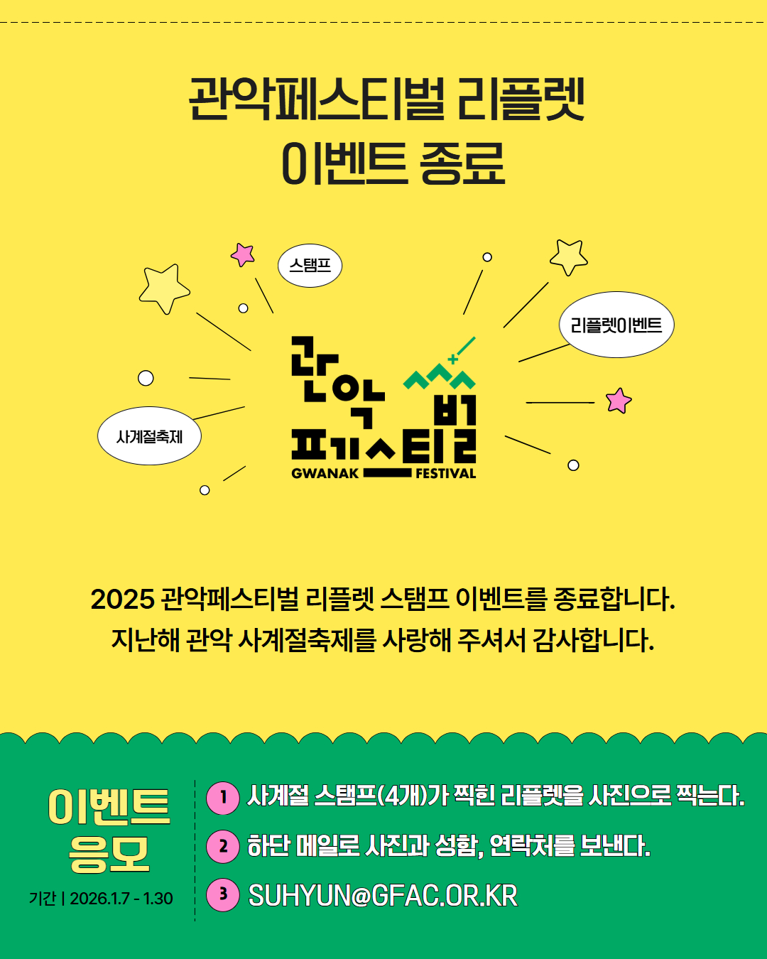 관악페스티벌 리플렛 이벤트 종료 2025 관악페스티벌 리플렛 스탬프 이벤트를 종료합니다. 지난해 관악 사계절축제를 사랑해 주셔서 감사합니다. 이벤트 응모 사계절 스탬프(4개)가 찍힌 리플렛을 사진으로찍는다. 하단 메일로 사진과 성함, 연락처를 보낸다. SUHYUN@GFAC.OR.KR 기간 2026.1.7~1.30