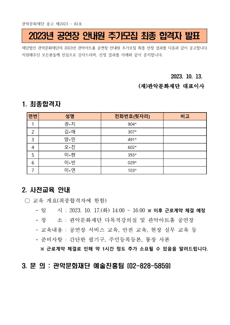 관악문화재단 공고 제2023-82호2023년 공연장 안내원 추가모집 최종 합격자 발표재단법인 관악문화재단의 2023년 관악아트홀 공연장 안내원 추가모집 최종 선정 결과를 다음과 같이 공고합니다. 지원해주신 모든분들께 진심으로 감사드리며, 선정 결과를 아래와 같이 공지합니다.2023. 10. 13. (재)관악문화재단 대표이사1. 최종합격자1) 성명 : 권*지, 전화번호(뒷자리) : 904*2) 성명 : 김*애, 전화번호(뒷자리) : 307*3) 성명 : 양*민, 전화번호(뒷자리) : 491*4) 성명 : 오*진, 전화번호(뒷자리) : 602*5) 성명 : 이*현, 전화번호(뒷자리) : 393*6) 성명 : 이*빈, 전화번호(뒷자리) : 029*7) 성명 : 이*연, 전화번호(뒷자리) : 103*2. 사전교육 안내○ 교육 개요(최종합격자에 한함)- 일시 : 2023. 10. 17.(화) 14:00~16:00 ※ 이후 근로계약 체결 예정- 장소 : 관악문화재단 다목적강의실 및 관악아트홀 공연장- 교육내용: 공연장 서비스 교육, 안전 교육, 현장 실무 교육 등- 준비사항: 간단한 필기구, 주민등록등본, 통장 사본※ 근로계약 체결로 인해 약 1시간 정도 추가 소요될 수 있음을 알려드립니다.3. 문 의 : 관악문화재단 예술진흥팀 [02-828-5859]