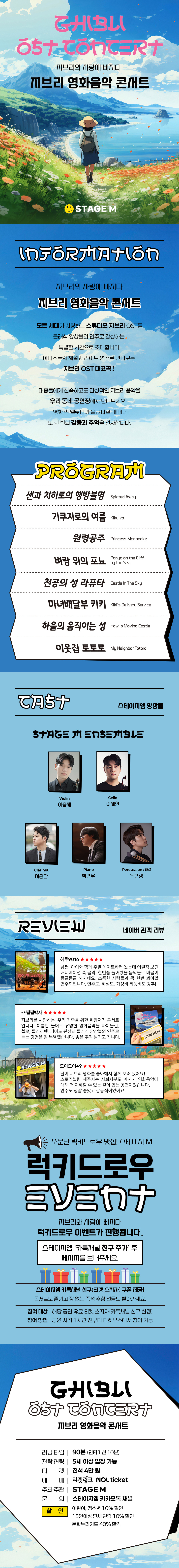 INFORMATION 지브리와 사랑에 빠지다 지브리 영화음악 콘서트 모든 세대가 사랑하는 스튜디오 지브리 OST를 클래식 앙상블의 연주로 감상하는 특별한 시간으로 초대합니다. 아티스트의 해설과 라이브 연주로 만나보는 지브리 OST 대표곡!  대중들에게 친숙하고도 감성적인 지브리 음악을 우리 동네 공연장에서 만나보세요. 영화 속 멜로디가 울려퍼질 때마다 또 한 번의 감동과 추억을 선사합니다.  PROGRAM 센과 치히로의 행방불명 Spirited Away 기쿠지로의 여름 Kikujiro 원령공주 Princess Mononoke 벼랑 위의 포뇨 Ponyo on the Cliff bt the Sea 천공의 성 라퓨타 Castle in The Sky 마녀배달부 키키 Kiki’s Delivery Service 하울의 움직이는 성 Howl’s Moving Castle 이웃집 토토로 My Neighbor Totoro  Cast 스테이지엠 앙상블 STAGE M ENSEMBLE Violin 이승재 Cello 이제헌 Clarinet 이승환 Piano 박현우 Percussion/해설 윤현상   REVIEW 네이버 관객 리뷰 하루9016 남편, 아이와 함께 주말 데이트하러 왔는데 어릴적 보던 애니메이션 속 음악, 한번쯤 들어봤을 음악들로 마음이 몽글몽글 해지네요. 소중한 사람들과 꼭 한번 봐야할 연주회입니다. 연주도, 해설도, 가성비 티켓비도 강추! **쩝쩝박사 지브리를 사랑하는 우리 가족을 위한 취향저격 콘서트입니다. 이름만 들어도 유명한 영화음악을 바이올린, 첼로, 클라리넷, 피아노 편성의 클래식 앙상블의 연주로 듣는 경험은 참 특별했습니다. 좋은 추억 남기고 갑니다. ehdlehdl49 딸이 지브리 영화를 좋아해서 함께 보러 왔어요! 스토리텔링 해주시는 사회자분도 계셔서 영화음악에 대해 더 이해할 수 있는 깊이 있는 공연이었습니다. 연주도 정말 좋았고 감동적이었어요.  소문난 럭키드로우 맛집! 스테이지 M 럭키드로우 EVENT 지브리와 사랑에 빠지다 럭키드로우 이벤트가 진행됩니다. 스테이지엠 ‘카톡채널 친구 추가’ 후 메시지를 보내주세요. 스테이지엠 카톡채널 친구(티켓 소지자) 쿠폰 제공! 콘서트도 즐기고 꽝 없는 즉석 추첨 선물도 받아가세요. 참여 대상 해당 공연 유료 티켓 소지자(카톡채널 친구 한정) 참여 방법 공연 시작 1시간 전부터 티켓부스에서 참여 가능  GHIBLI OST CONCERT 지브리 영화음악 콘서트 러닝 타임 90분 (인터미션 10분) 관람 연령 5세 이상 입장 가능 티켓 전석 4만 원 예매 티켓링크 NOL 티켓 주최·주관 STAGE M 문의 스테이지엠 카카오톡 채널 할인 어린이, 청소년 10% 할인 15인 이상 단체 관람 10% 할인 문화누리카드 40% 할인