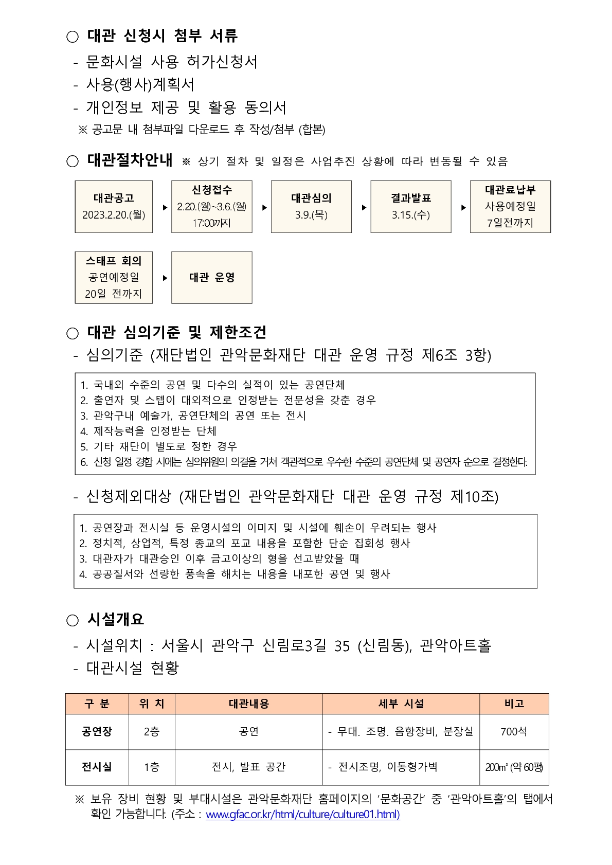 • 대관 신청시 첨부 서류 - 문화시설 사용 허가신청서 - 사용(행사)계획서 - 개인정보 제공 및 활용 동의서 ※ 공고문 내 첨부파일 다운로드 후 작성/첨부 (합본) • 대관절차안내 ※ 상기 절차 및 일정은 사업추진 상황에 따라 변동될 수 있음 대관공고 2023.2.20.(월) 신청접수 2.20. (월)~3.6.(월) 17:00까지 대관심의 3.9.(목) • 결과발표 3.15.(수) 대관료납부 사용예정일 7일전까지 스태프 회의 공연예정일 20일 전까지 대관 운영 • 대관 심의기준 및 제한조건 - 심의기준 (재단법인 관악문화재단 대관 운영 규정 제6조 3항) 1. 국내외 수준의 공연 및 다수의 실적이 있는 공연단체 2. 출연자 및 스텝이 대외적으로 인정받는 전문성을 갖춘 경우 3. 관악구내 예술가, 공연단체의 공연 또는 전시 4. 제작능력을 인정받는 단체 5. 기타 재단이 별도로 정한 경우 6. 신청 일정 경합 시에는 심의위원의 의결을 거쳐 객관적으로 우수한 수준의 공연단체 및 공연자 순으로 결정한다. - 신청제외대상 (재단법인 관악문화재단 대관 운영 규정 제10조) 1. 공연장과 전시실 등 운영시설의 이미지 및 시설에 훼손이 우려되는 행사 2. 정치적, 상업적, 특정 종교의 포교 내용을 포함한 단순 집회성 행사 3. 대관자가 대관승인 이후 금고이상의 형을 선고받았을 때 4. 공공질서와 선량한 풍속을 해치는 내용을 내포한 공연 및 행사 • 시설개요 - 시설위치 : 서울시 관악구 신림로3길 35 (신림동), 관악아트홀 - 대관시설 현황 ※ 보유 장비 현황 및 부대시설은 관악문화재단 홈페이지의 문화공간' 중 '관악아트홀 의 탭에서 확인 가능합니다. (주소 : www.gfac.or.kr/html/culture/culture01.html) 구 분 위치 대관내용 세부 시설 비고 공연장 2층 공연 - 무대. 조명. 음향장비, 분장실 700석 전시실 1층 전시, 발표 공간 - 전시조명, 이동형가벽 200m (약 60평