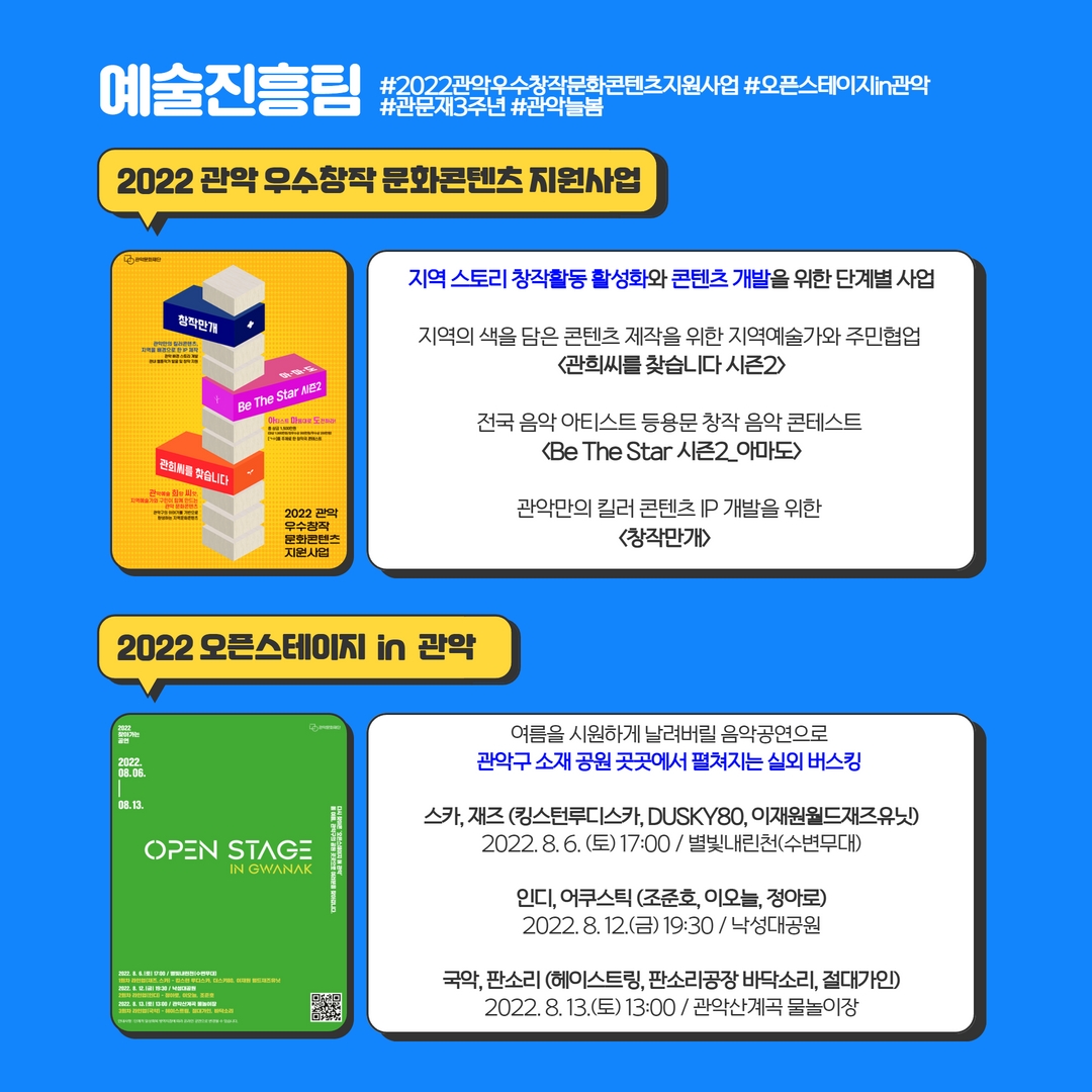 예술진흥팀 #2022관악우수창작문화콘텐츠지원사업 #오픈스테이지in관악 #관문재3주년 #관악늘봄 | 2022 관악 우수창작 문화콘텐츠 지원사업 : 지역 스토리 창작활동 활성화와 콘텐츠 개발을 위한 단계별 사업 지역의 색을 담은 콘텐츠 제작을 위한 지역예술가와 주민협업 <관희씨를 찾습니다 시즌2> 전국 음악 아티스트 등용문 창작 음악 콘테스트 <Be the Star 시즌2_아마도> 관악만의 킬러 콘텐츠 IP 개발을 위한 <창작만개>, 2022 오픈스테이지 in 관악 : 여름을 시원하게 날려버릴 음악공연으로 관악구 소재 공원 곳곳에서 펼쳐지는 실외 버스킹 스카, 재즈(킹스턴루디스카, DUSKY80, 이재원월드재즈유닛) 2022.8.6(토)17:00/별빛내린천(수변무대), 인디, 어쿠스틱(조준호, 이오늘, 정아로) 2022.8.12(금) 19:30/낙성대공원, 국악, 판소리(헤이스트링, 판소리공장 바닥소리, 절대가인) 2022.8.13(토) 13:00 / 관악산계곡 물놀이장