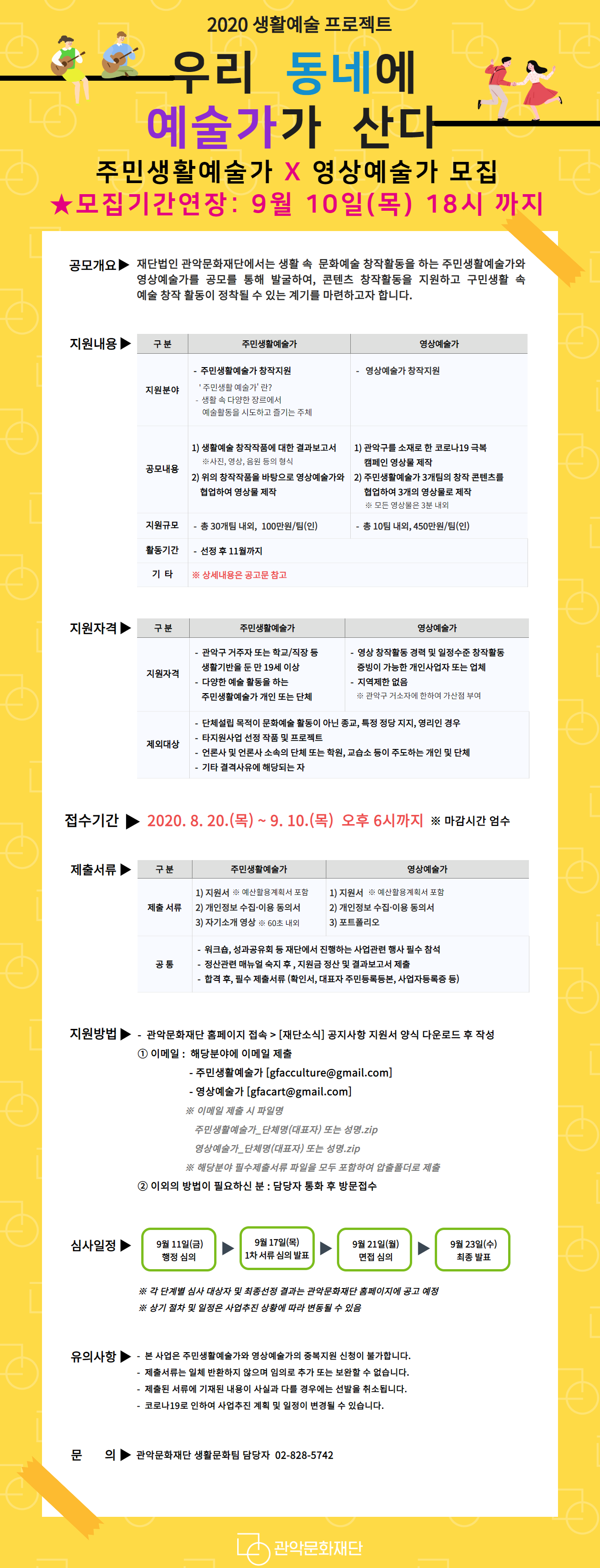 2020생활예술 프로젝트 우리 동네에 예술가가 산다 주민생활예술가 X 영상예술가 모집 재공고 공모기간 연장 9.10(목) 18시 까지 공모개요 재단법인 관악문화재단에서는 생활 속 문화예술 창작활동을 하는 주민생 활예술가와 영상예술가를 발굴하여 콘텐츠 창작활동을 지원하고 구민생활 속 예술 창작 활동이 정착될 수 있는 계기를 마련하고자 합니다. 지원내용 구분 주민생활예술가 영상예술가 공모내용 생활예술 창작작품에 대한 결과보고서 사진, 영상, 음원 등의 형식 위의 창작작품을 바탕으로 영상예술가와 협업하여 영상물 제작 제출 관악구를 소재로 한 코로나19극복 캠페인 영상물(3분 내외) 제작  제출 예: 코로나 블루 극복, 언택트시대 활동방법, 집에서 가족과 함께 시간 보내는 법 등 주민생활예술가 3개팀의 창작 컨텐츠를 협업하여 3개의 영상물(각3분 내외)로 제작 제출 지원 규모 30개팀 내외 총10개팀 내외 활동기간 선정 후 11월까지 규모 100만원/팀(인) 450만원/팀(인) 상세내용은 공고문 참고 지원자격 구분 주민생활예술가 영상예술가 지원자격 -관악구 거주자 또는 학교/직장 등 생활기분을 둔 만 10세 이상 -다양한 예술 활동을 하는 주민생활예술가 개인 또는 단체 -영상창작활동 경력 및 일정수준 창작활동 증빙이 가능한 개인사업자 또는 업체 -지역제한 없음 관악구 거소자에 한하여 가산점 부여 제외대상 -단체설립 목적이 문화예술 활동이 아닌 종교, 특정 정당 지지, 영리인 경우 -타지원사업 선정 작품 및 프로젝트 -언론사 및 언론사 소소그이 단체 또는 학원, 교습소 등이 주도하는 개인 및 단체 -기타 결격사유에 해당되는 자 접수기간 2020.8.20(목) ~9.10(목) 오후 6시까지 마감시간 엄수 제출서류 구분 주민생활예술가 영상예술가 제출서류 1)지원서 예산활용계획서 포함 2)개인정보 수집 이용 동의서 3)자기소개 영상 60초 내외 영상예술가 1)지원서 예산활용계획서 포함 2)개인정보 수집 이용 동의서 3)포트폴리오 공통 -워크숍, 성과공유회 등 재단에서 진행하는 사업관련 행사 필수 참석 -정산관련 매뉴얼 숙지 후, 지원금 정산 및 결과보고서 제출 -합격 후, 필수 제출서류(확인서, 대표자 주민등록등본, 사업자등록증 등) 지원방법 -관악문화재단 홈페이지 접속> [재단소식] 공지사항 지원서 양식 다운로드 후 작성 1이메일 : 해당분야에 이메일 제출 -주민생활예술가[gfacculture@gmail.com] -영상예술가 [gfacart@gmail.com] 이메일 제출 시 파일명 주민생활예술가_단체명(대표자) 또는 성명.zip 영상예술가_단체명(대표자) 또는 성명.zip 해당분야 필수제출서류 파일을 모두 포함하여 압출폴더로 제출 2이외의 방법이 필요하신분 : 담당자 통화 후 방문접수 심사일정 9월 11일(금) 행정심의 9월 17일(목) 1차 서류 심의 발표 9월 21일(월) 면접 심의 9월 23일(수) 최종발표 각 단계별 심사 대상자 및 최종선정 결과는 관악문화재단 홈페이지에 공고 예정. 상기 절차 및 일정은 사업추진 상황에 따라 변동될 수 있음. 유의사항 -본 사업은 주민생활예술가와 영상예술가의 중복지원 신청이 불가합니다. -제출서류는 일체 반환하지 않으며 임의로 추가 또는 보완할 수 없습니다. -제출된 서류에 기재된 내용이 사실과 다를 경우에는 선발을 취소됩니다. -코로나 19로 인하여 사업추진 계획 및 일정이 변경될 수 있습니다. 문의 관악문화재단 생활문화팀 담당자 02-828-5742