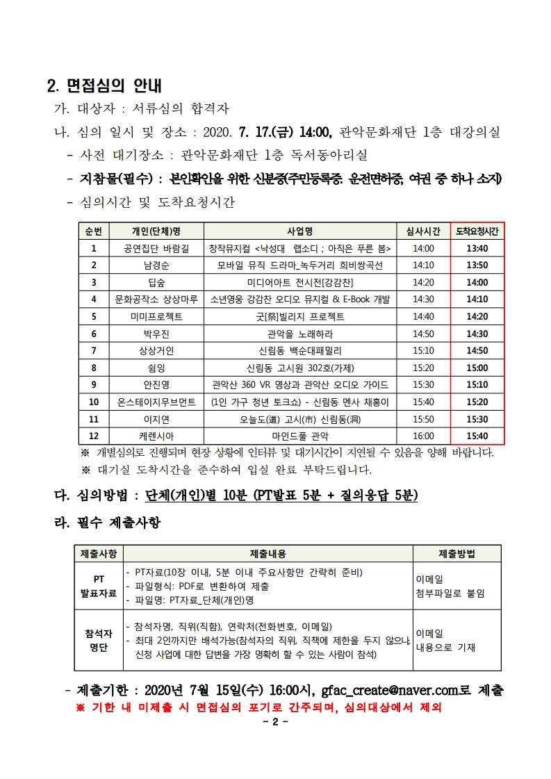 2. 면접심의 안내 가. 대상자 : 서류심의 합격자 나. 심의 일시 및 장소 : 2020. 7. 17.(금) 14:00, 관악문화재단 1층 대강의실 - 사전 대기장소 : 관악문화재단 1층 독서동아리실 - 지참물(필수) : 본인확인을 위한 신분증(주민등록증. 운전면허증, 여권 중 하나 소지) - 심의시간 및 도착요청시간 순번 개인(단체)명 사업명 심사시간 도착요청시간 1 공연집단 바람길 창작뮤지컬 <낙성대 랩소디 ; 아직은 푸른 봄> 14:00 13:40 2 남경순 모바일 뮤직 드라마_녹두거리 희비쌍곡선 14:10 13:50 3 딥숲 미디어아트 전시전[강감찬] 14:20 14:00 4 문화공작소 상상마루 소년영웅 강감찬 오디오 뮤지컬 & E-Book 개발 14:30 14:10 5 미미프로젝트 굿[祭]빌리지 프로젝트 14:40 14:20 6 박우진 관악을 노래하라 14:50 14:30 7 상상거인 신림동 백순대패밀리 15:10 14:50 8 쉼잉 신림동 고시원 302호(가제) 15:20 15:00 9 안진영 관악산 360 VR 영상과 관악산 오디오 가이드 15:30 15:10 10 온스테이지무브먼트 (1인 가구 청년 토크쇼) - 신림동 멘사 채홍이 15:40 15:20 11 이지연 오늘도(道) 고시(市) 신림동(洞) 15:50 15:30 12 케렌시아 마인드풀 관악 16:00 15:40 ※ 개별심의로 진행되며 현장 상황에 인터뷰 및 대기시간이 지연될 수 있음을 양해 바랍니다. ※ 대기실 도착시간을 준수하여 입실 완료 부탁드립니다. 다. 심의방법 : 단체(개인)별 10분 (PT발표 5분 + 질의응답 5분) 라. 필수 제출사항  제출사항 제출내용 제출방법 PT 발표자료 - PT자료(10장 이내, 5분 이내 주요사항만 간략히 준비) - 파일형식: PDF로 변환하여 제출 - 파일명: PT자료_단체(개인)명 이메일 첨부파일로 붙임 참석자 명단 - 참석자명, 직위(직함), 연락처(전화번호, 이메일) - 최대 2인까지만 배석가능(참석자의 직위, 직책에 제한을 두지 않으나, 신청 사업에 대한 답변을 가장 명확히 할 수 있는 사람이 참석) 이메일 내용으로 기재 - 제출기한 : 2020년 7월 15일(수) 16:00시, gfac_create@naver.com로 제출 ※ 기한 내 미제출 시 면접심의 포기로 간주되며, 심의대상에서 제외