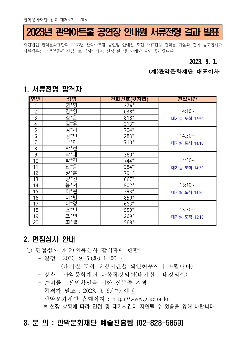 관악문화재단 공고 제2023-70호
2023년 관악아트홀 공연장 안내원 서류전형 결과 발표
재단법인 관악문화재단의 2023년 관악아트홀 공연장 안내원 모집 서류전형 결과를 다음과 같이 공고합니다. 지원해주신 모든분들께 진심으로 감사드리며, 선정 결과를 아래와 같이 공지합니다.
2023. 9. 1. (재)관악문화재단 대표이사

1. 서류전형 합격자
1) 성명 : 권*영, 전화번호(뒷자리) : 376*, 면접시간 : 14:10~대기실 도착 13:50
2) 성명 : 김*영, 전화번호(뒷자리) : 038*, 면접시간 : 14:10~대기실 도착 13:50
3) 성명 : 김*은, 전화번호(뒷자리) : 818*, 면접시간 : 14:10~대기실 도착 13:50
4) 성명 : 김*우, 전화번호(뒷자리) : 313*, 면접시간 : 14:10~대기실 도착 13:50
5) 성명 : 김*지, 전화번호(뒷자리) : 794*, 면접시간 : 14:30~대기실 도착 14:10
6) 성명 : 김*인, 전화번호(뒷자리) : 283*, 면접시간 : 14:30~대기실 도착 14:10
7) 성명 : 박*아, 전화번호(뒷자리) : 710*, 면접시간 : 14:30~대기실 도착 14:10
8) 성명 : 박*현, 전화번호(뒷자리) : -, 면접시간 : 14:30~대기실 도착 14:10
9) 성명 : 박*재, 전화번호(뒷자리) : 360*, 면접시간 : 14:50~대기실 도착 14:30
10) 성명 : 박*진, 전화번호(뒷자리) : 744*, 면접시간 : 14:50~대기실 도착 14:30
11) 성명 : 신*을, 전화번호(뒷자리) : 384*, 면접시간 : 14:50~대기실 도착 14:30
12) 성명 : 양*훈, 전화번호(뒷자리) : 791*, 면접시간 : 14:50~대기실 도착 14:30
13) 성명 : 양*진, 전화번호(뒷자리) : 667*, 면접시간 : 15:10~대기실 도착 14:50
14) 성명 : 윤*서, 전화번호(뒷자리) : 502*, 면접시간 : 15:10~대기실 도착 14:50
15) 성명 : 이*현, 전화번호(뒷자리) : 393*, 면접시간 : 15:10~대기실 도착 14:50
16) 성명 : 이*빈, 전화번호(뒷자리) : 850*, 면접시간 : 15:10~대기실 도착 14:50
17) 성명 : 이*정, 전화번호(뒷자리) : 663*, 면접시간 : 15:30~대기실 도착 15:10
18) 성명 : 조*빈, 전화번호(뒷자리) : 550*, 면접시간 : 15:30~대기실 도착 15:10
19) 성명 : 조*연, 전화번호(뒷자리) : 269*, 면접시간 : 15:30~대기실 도착 15:10
20) 성명 : 최*결, 전화번호(뒷자리) : 568*, 면접시간 : 15:30~대기실 도착 15:10

2. 면접심사 안내
○ 면접심사 개요(서류심사 합격자에 한함)
- 일정 : 2023. 9. 5.(화) 14:00~ (대기실 도착 요청시간을 확인해주시기 바랍니다)
- 장소 : 관악문화재단 다목적강의실(대기실: 대강의실)
- 준비물 : 본인확인을 위한 신분증 지참
- 합격자 발표 : 2023. 9. 6.(수) 예정
- 관악문화재단 홈페이지 : https://www.gfac.or.kr
※ 현장 상황에 따라 면접 및 대기시간이 지연될 수 있음을 양해 바랍니다.

3. 문의 : 관악문화재단 예술진흥팀 [02-828-5859]