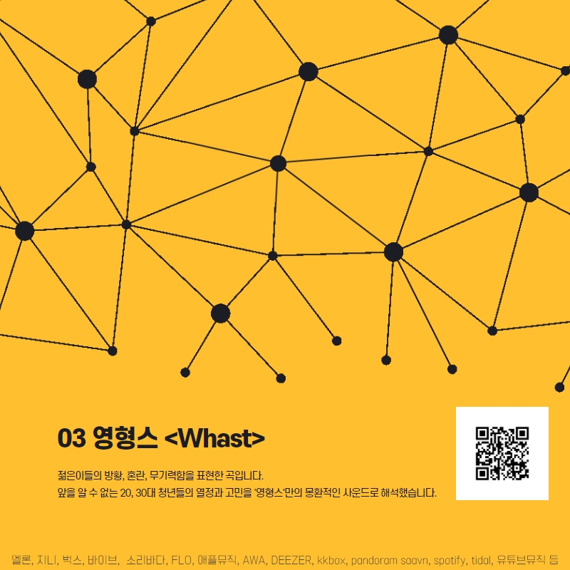03 영형스 <Whast> 젊은이들의 방황, 혼란, 무기력함을 표현한 곡입니다. 앞을 알 수 없는 20, 30대 청년들의 열정과 고민을 '영형스'만의 몽환적인 사운드로 해석했습니다.