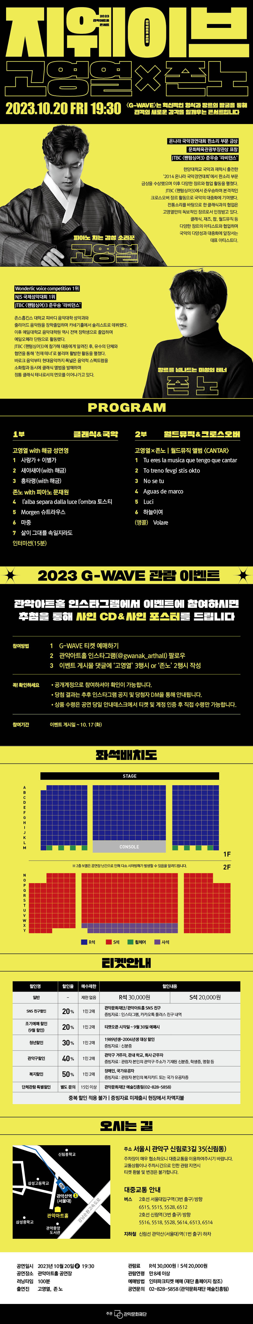관악아트홀 2023 장르융합 콘서트 <G-WAVE> <G-WAVE>는 넒은 음악적 스펙트럼을 가진 아티스트 무대를 통해 전 연령층이 즐길 수 있는 다채로운 문화향유의 시간을 제공하는 관악아트홀 대표 공연 레퍼토리입니다.  10. 20 FRI 19:30  관악아트홀 공연장   피아노 치는 감성 소리꾼 고영열  온나라 국악경연대회 판소리 부문 금상 문화체육관광부장관상 표창 JTBC <팬텀싱어3> 준우승 ‘라비던스’  한양대학교 국악과 재학시 출전한 ‘2014 온나라 국악경연대회’에서 판소리 부문 금상을 수상했으며 이후 다양한 장르와 협업 활동을 펼쳤다. JTBC <팬텀싱어3>에서 준우승하며 본격적인 크로스오버 장르 활동으로 국악의 대중화에 기여했다. 전통소리를 바탕으로 한 클래식과의 협업은 고영열만의 독보적인 장르로서 인정받고 있다. 클래식, 재즈, 팝, 월드뮤직 등 다양한 장르의 아티스트와 협업하며 국악의 다양성과 대중화에 앞장서는 대표 아티스트다.   장르를 넘나드는 미성의 테너 존 노  Wonderlic voice competition 1위 NJS 국제성악대회 1위 JTBC <팬텀싱어>3 준우승 ‘라비던스’  존스홉킨스 대학교 피바디 음악대학 성악과와 줄리어드 음악원을 장학졸업하며 카네기홀에서 솔리스트로 데뷔했다. 이후 예일대학교 음악대학원 역시 전액 장학생으로 졸업하며 예일오페라 단원으로 활동했다.  JTBC <팬텀싱어3>에 참가해 대중에게 알려진 후, 유수의 단체와 협연을 통해 ‘천재 테너’로 불리며 활발한 활동을 펼쳤다. 바로크 음악부터 현대음악까지 폭넓은 음악적 스펙트럼을 소화함과 동시에 클래식 앨범을 발매하며 정통 클래식 테너로서의 면모를 이어나가고 있다.  1부 클래식 & 국악  고영열 (피아노+해금) 1. 사랑가+이별가 2. 흥타령 3. 새야새야  존 노 (피아노) 4. Poema en forma de canciones Op.19-Turina 5. 마중 6. 삶이 그대를 속일지라도  2부 월드뮤직 & 크로스오버  존 노X고영열, 고영열X존 노 앨범 <Cantar>  1. Tu eres la musia que tengo que cantar 2. To treno fevgi stis okto 3. No se tu 4. Aguas de marco 5. Luci 6. 하늘이시여 1. Volare 2. 앵콜 – Move  2023 G-WAVE 공연 기대평  SNS에 공연 기대평을 남겨주시면 추첨을 통해 사인 CD & 사인 포스터를 드립니다   <참여방법> ⓵ 공연 예매하기 ⓶ @gwanak_arthall (관악아트홀 인스타그램) 팔로우! ➂ 관악아트홀을 태그하고 공연 기대평 남기기 ➃ #관악아트홀 #G-WAVE 해시태그하면 당첨확률 UP  <꼭 확인하세요!> -공개계정으로 참여해주세요 -당첨 내용 및 상품 수령 방법은 DM을 통해 개별 안내됩니다. -이벤트 당첨자는 공연 예매 및 실관람 후 공연장에서 상품 수령이 가능합니다  <오시는 길> 주소 | 서울시 관악구 신림로3길 35 (신림동)  ⋅주차장이 매우 협소하오니 대중교통을 이용하여주시기 바랍니다. ⋅교통상황이나 주차시간으로 인한 관람 지연시 티켓 환불 및 변경은 불가합니다.  대중교통 안내  버스 : 2호선 서울대입구역(3번 출구) 방향6515, 5515, 5528, 65122호선 신림역(3번 출구) 방향5516, 5518, 5528, 5614, 6513, 6514 지하철 : 신림선 관악산(서울대)역 1번 출구 하차  공연일시 2023년 10월 20일 (금) 19:30 공연장소 관악아트홀 공연장 러닝타임 100분 출연진   고영열, 존 노 관람료   R석 30,000원 | S석 20,000원 관람연령 만 8세 이상 예매방법 인터파크티켓 예매 (재단 홈페이지 참조) 공연문의 02-828-5858 (관악문화재단 예술진흥팀)